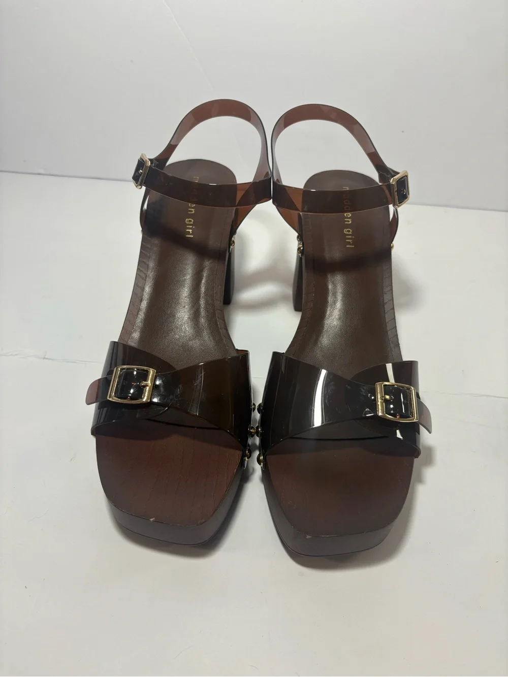 Madden Girl Brown Studded Platform Block Heel Buckle Ankle Strap Sandals